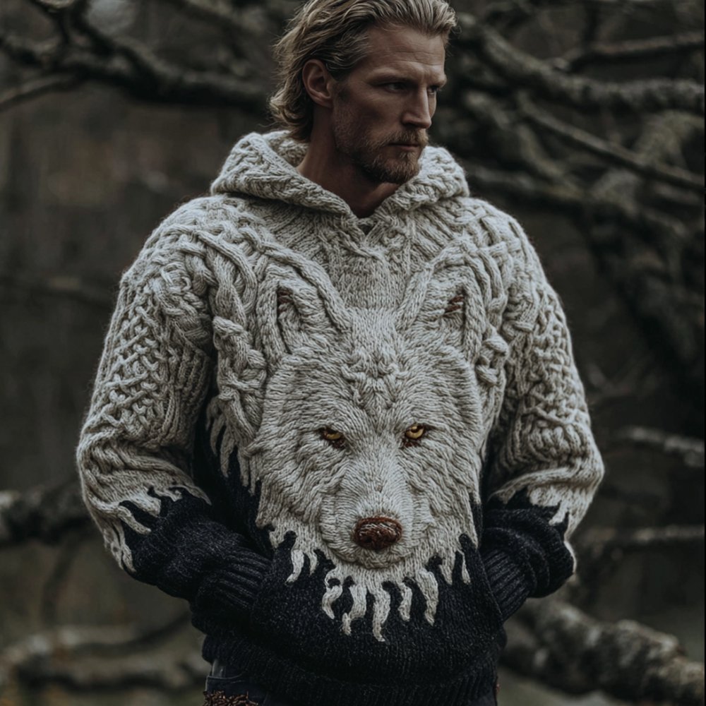 Men's Viking Style Wolf Headed Hooded Sweater - Image 2
