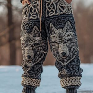 Men's Viking Wolf Celtic Knot Art Wide Leg Warm Knit Pants