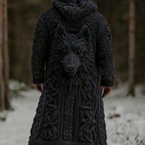 Men's Viking Wolf Celtic Knot Art Pocket Mid-length Cardigan Sweater