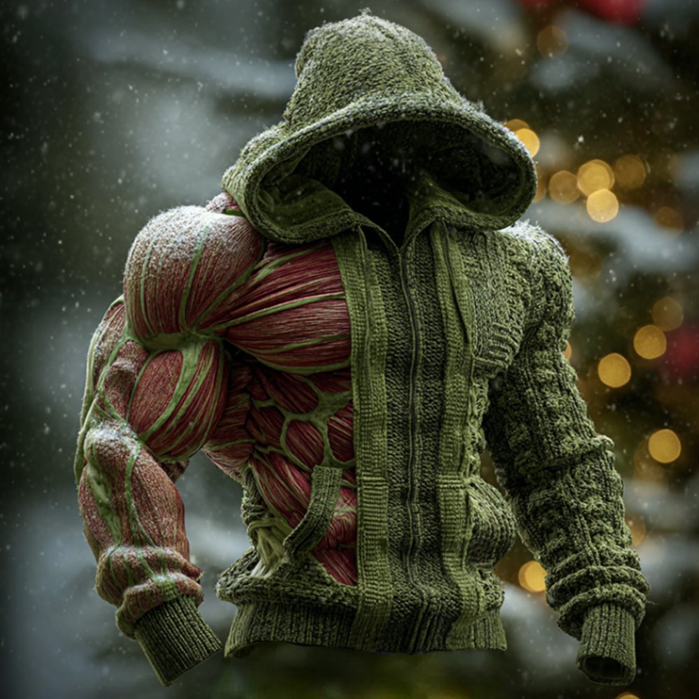 Men's Artistic Lines Coarse Needles Muscle Warmth Hooded Cardigan Sweater - Image 2