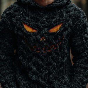 Halloween Evil Pumpkin Emoji Men's Chunky Knit Hooded Sweater