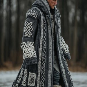 Men's Vintage Viking Celtic Knot Art Pattern Pocket Mid-length Hooded Cardigan Sweater