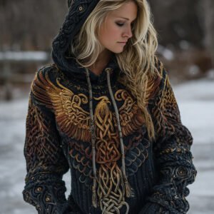 Women's Celtic Knot Myth Phoenix Embroidered Ombre Hooded Sweater