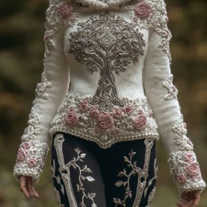 Woman Viking Tree Of Life And Pink Rose Warm Hooded Sweater