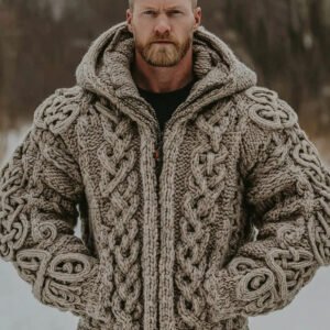 Men's Vintage Viking Celtic Knit Jacquard Zip Hooded Sweater