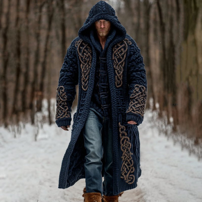 Men's Viking Celtic Knot Art Pocket Mid-length Cardigan Sweater - Image 2