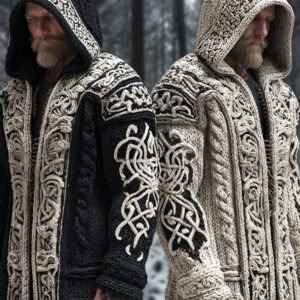 Viking & Celtic Knot Art Men's Hooded Knit Long Cardigan