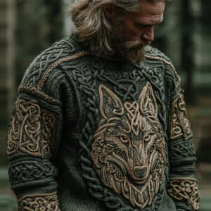 Men's Vintage Viking Wolf Pattern Cozy Knit Pullover Sweater