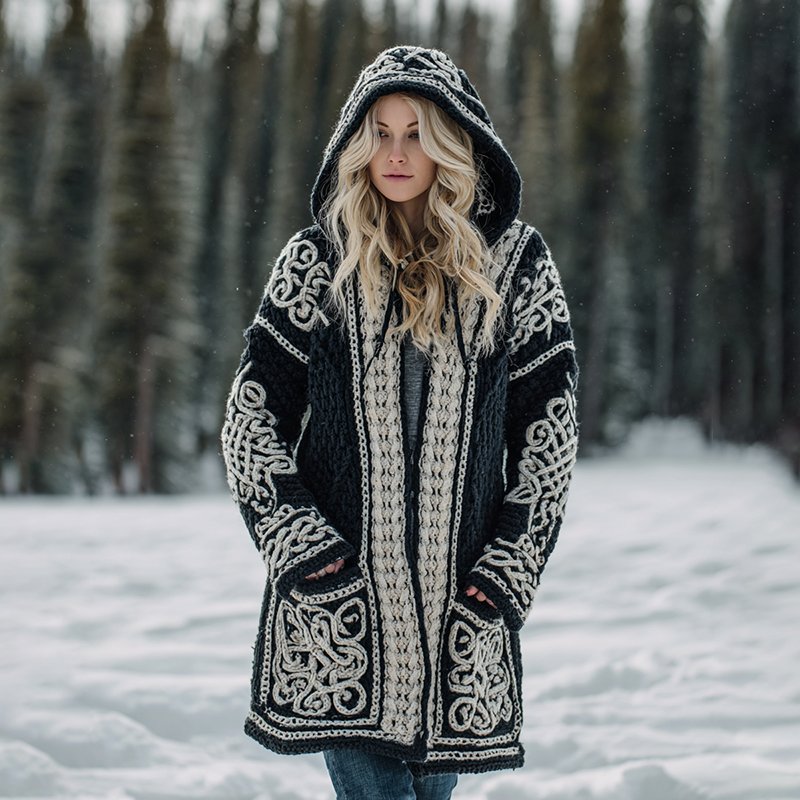 Women's Viking Celtic Knot Cozy Warm Knit Hooded Jacket - Image 2