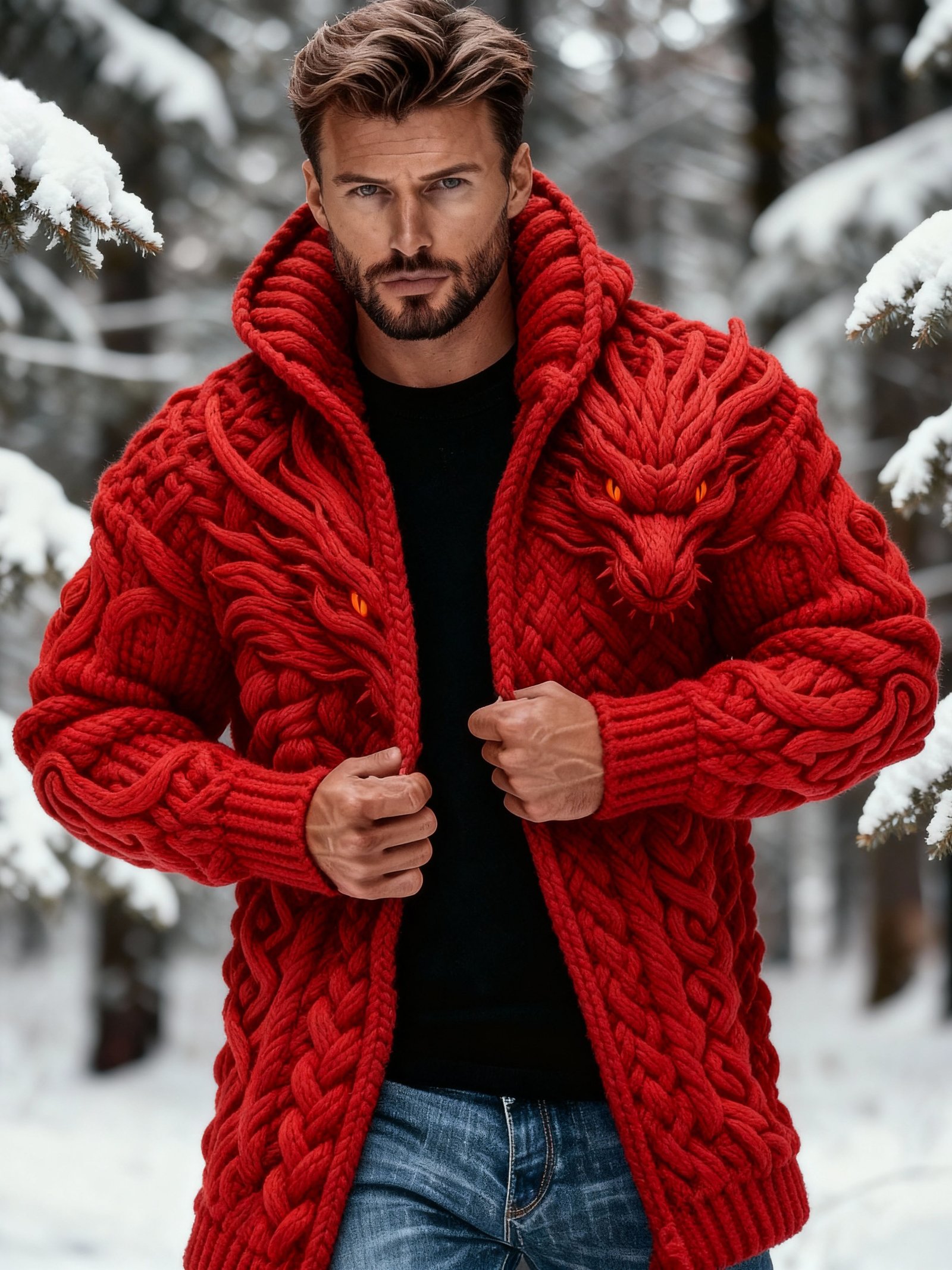 Men's Retro Wolf Head Celtic Knot Jacquard Chunky Knit Mid-Length Cardigan Sweater - Image 4