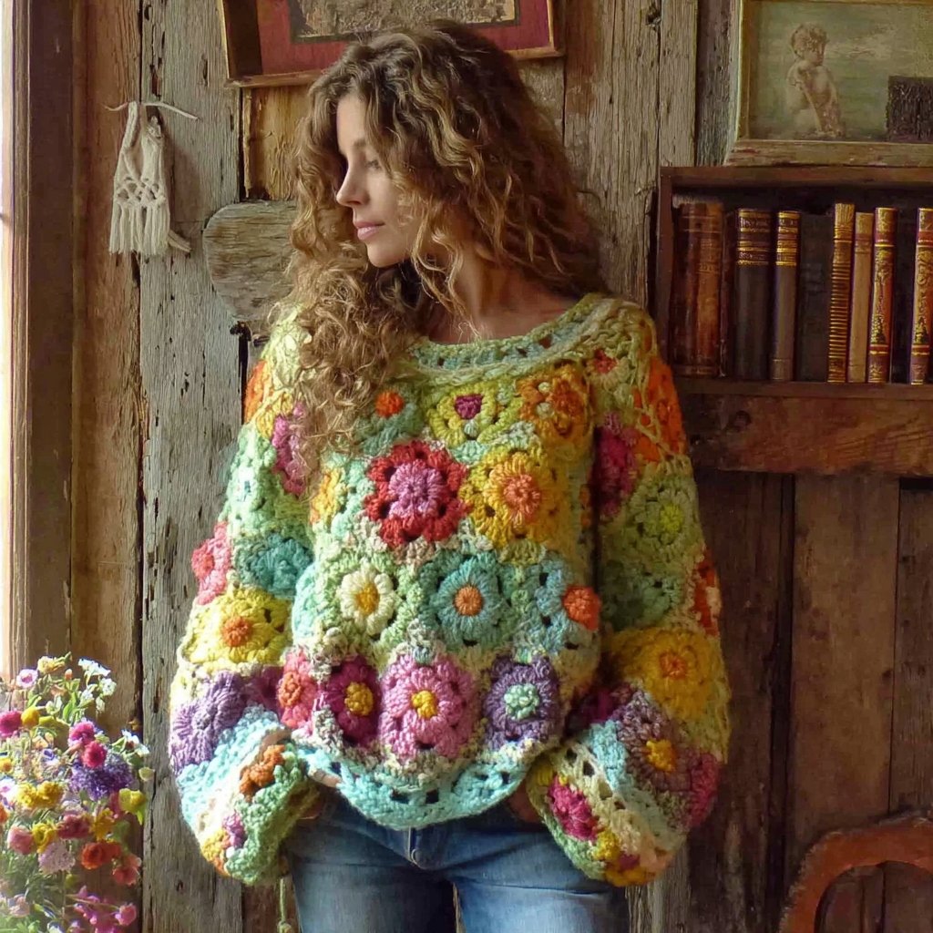 Women's Bohemian Chunky Knit Crochet Floral Colorful Sweater - Image 2