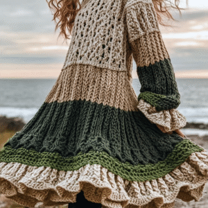 Women's Celtic Knotted Color Block Jacquard Crew Neck Sweater Dress