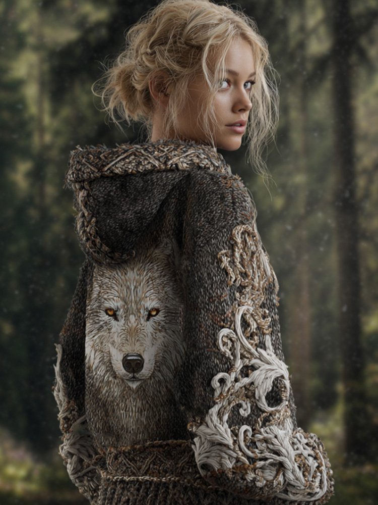 Viking Retro Style Wolf Element Women's Hooded Knit Sweater