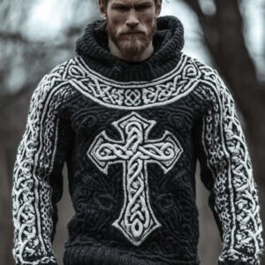 Men's Viking Style Cross Black And White Hooded Sweater