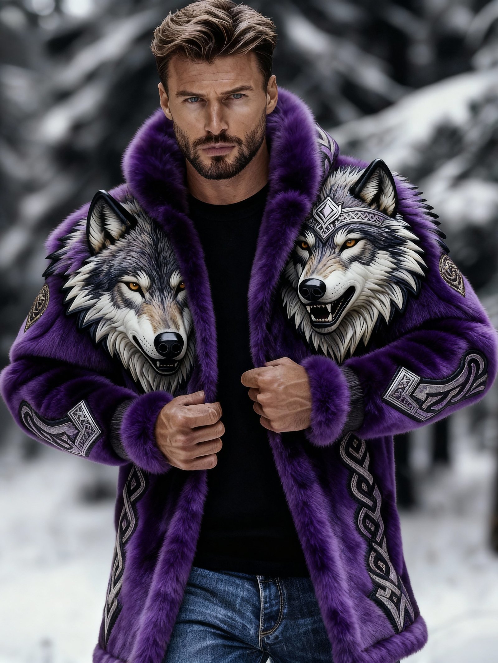 Men's Vintage Viking Wolf Warm Fur Coat - Image 4