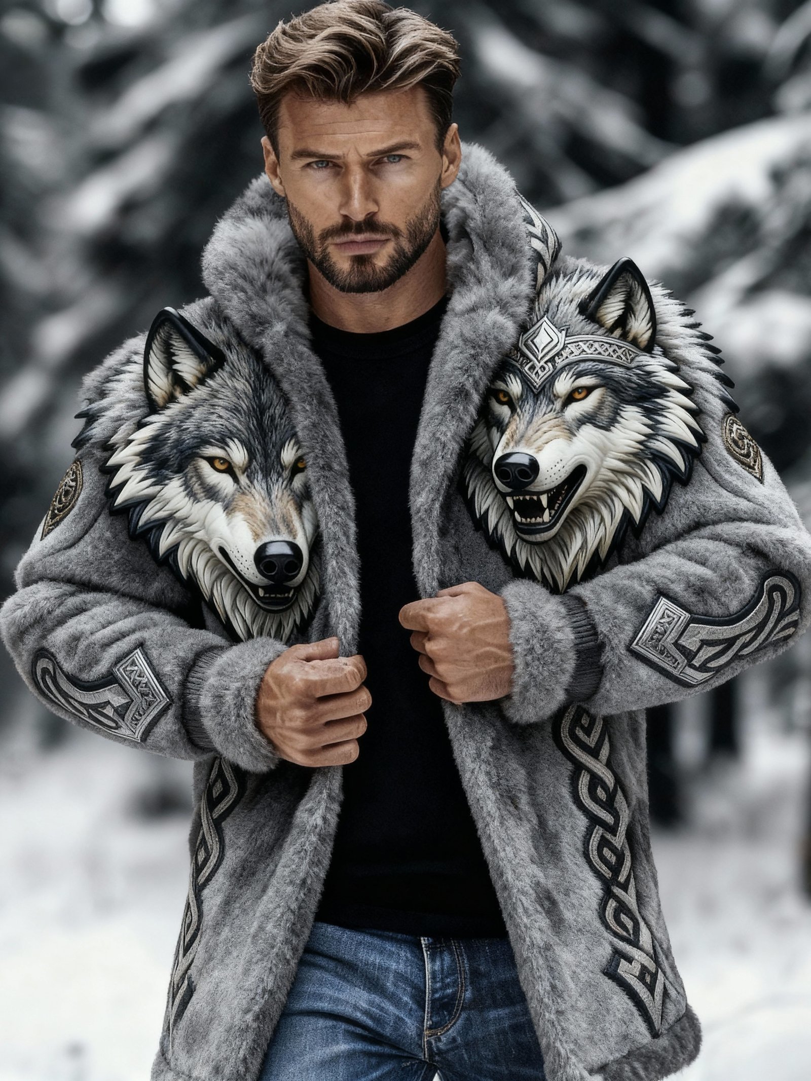 Men's Vintage Viking Wolf Warm Fur Coat - Image 3