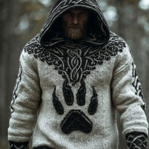 Men's Viking Style Wolf Claw Contrasting Thick Needle Hooded Sweater