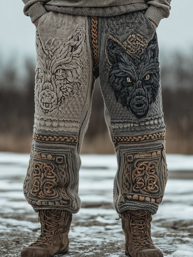Men's Vintage Celtic Wolf Viking Cozy Knit Sweatpants