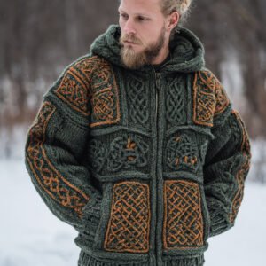 Men's Vintage Viking Celtic Knot Art Zip Up Knit Hooded Sweater