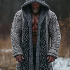 Men's Viking Celtic Knot Contrast Chunky Cozy Hooded Long Cardigan