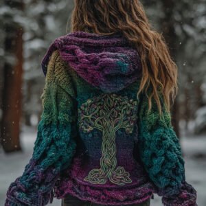 Women's Vintage Viking Tree Of Life Gradient Knit Zip-up Hooded Sweater