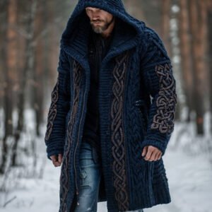 Men's Vintage Viking Celtic Knot Art Chunky Knit Mid-length Hooded Cardigan Sweater