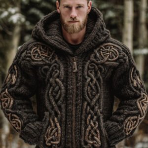 Men's Vintage Viking Celtic Knot Art Chunky Knit Warm Hooded Zip-up Sweater