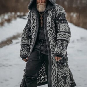 Men's Viking Celtic Knot Art Pocket Mid-length Hooded Cardigan Sweater