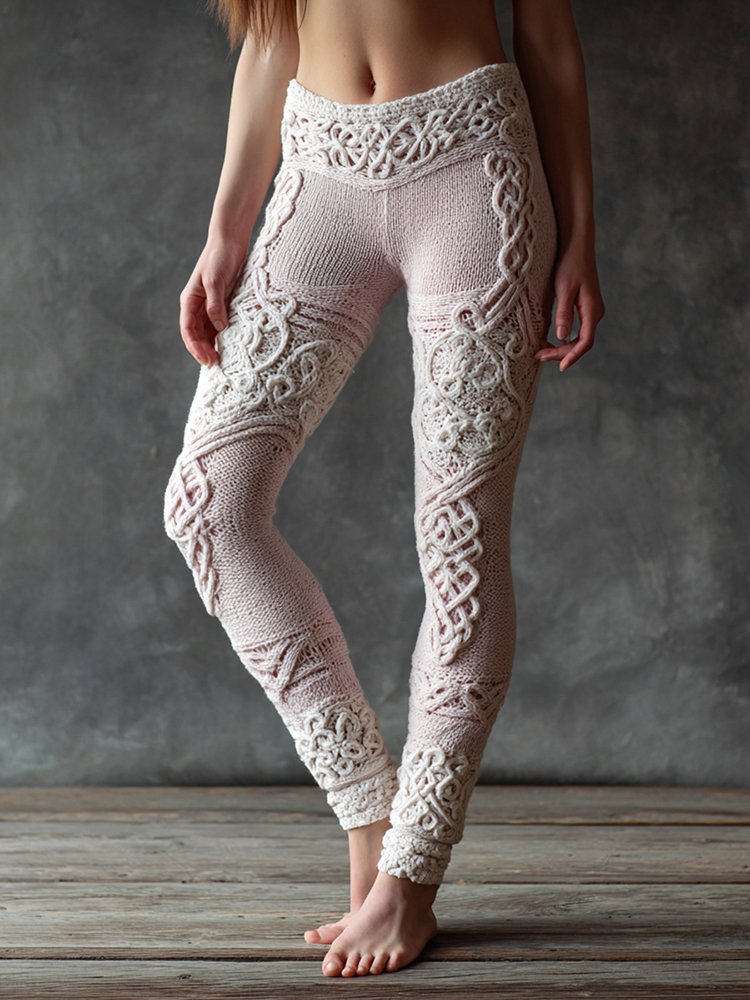 Vintage Viking Celtic Knot Knit Jacquard Cozy Leggings