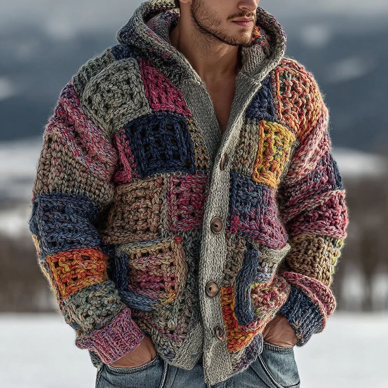 Men's Retro Geometric Knitted Warm Button Hooded Sweater - Image 2
