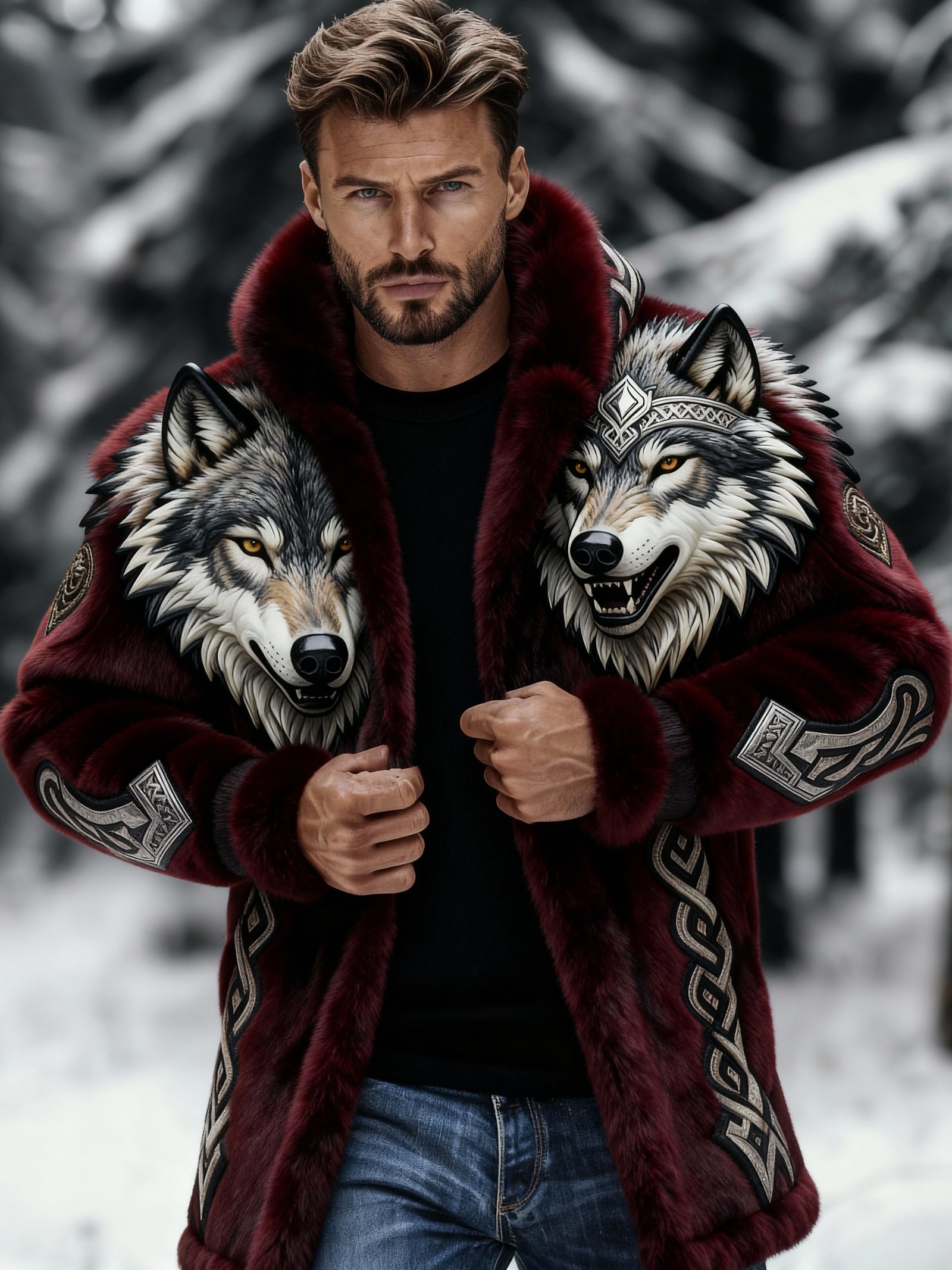 Men's Vintage Viking Wolf Warm Fur Coat - Image 5