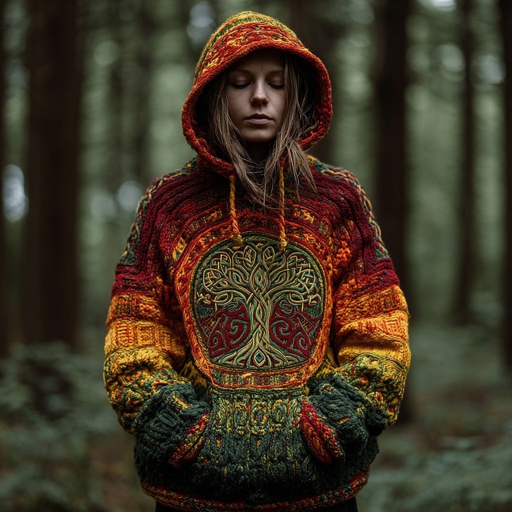 Viking Inspired Colored Tree Of Life Cozy Hooded Sweater - Image 2