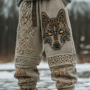 Men's Vintage Viking Wolf Art Cozy Knit Sweatpants