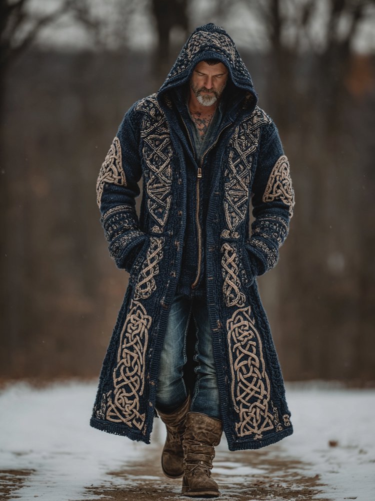 Men's Viking Celtic Knot Art Mid-length Chunky Knit Cardigan Sweater
