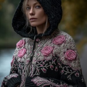 Women's Viking Style Tree Of Life And Flower Hooded Cardigan Sweater
