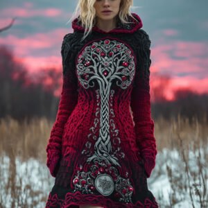 Viking Tree Of Life Pattern Gradient Hooded Sweater Dress