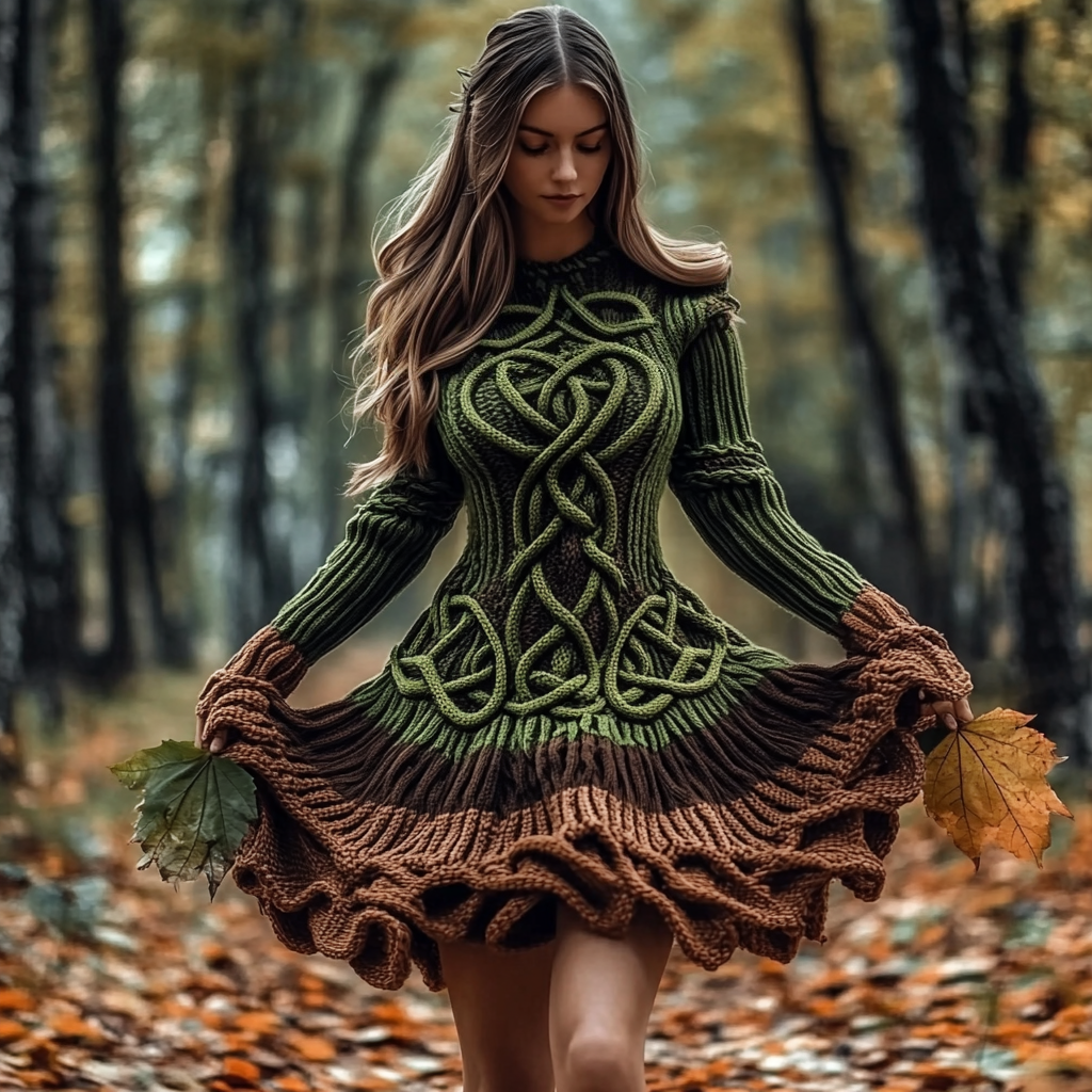 Women's Celtic Knotted Gradient Contrasting Colors Sweater Dress - Image 2