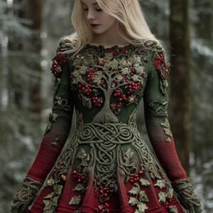 Women's Christmas Holly Leaves Life Of Tree Gradient Celtic Knitted Midi Dress