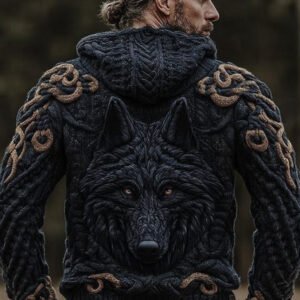 Men's Viking Wolf Style Celtic Thick Zip Hooded Sweater