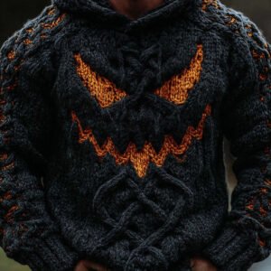 Viking Halloween Pumpkin Face Men's Knit Twist Hooded Sweater