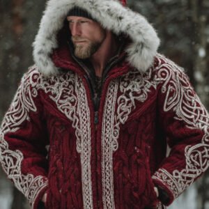 Men's Christmas Santa Celtic Art Warm Hooded Knit Sweater Jacket