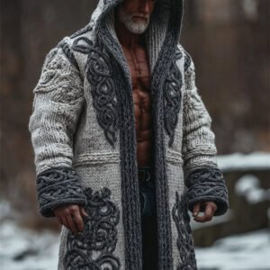 Men's Viking Celtic Knot Chunky Cozy Hooded Long Cardigan