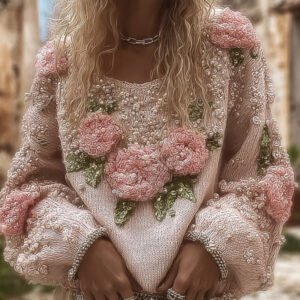 Women's Vintage Floral Round-neck Long-sleeved Warm And Thick Sweater