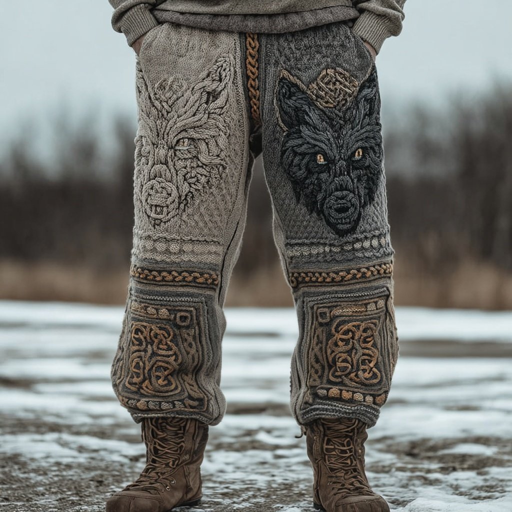 Men's Vintage Celtic Wolf Viking Cozy Knit Sweatpants - Image 2