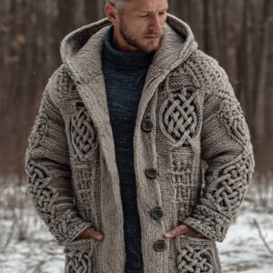 Men's Viking Celtic Knot Jacquard Button Down Hooded Knitted Cardigan