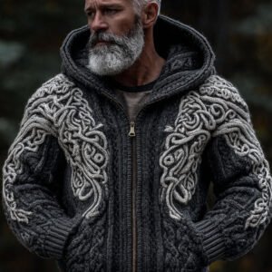 Men's Viking Style Contrasting Thick Needle Hooded Cardigan Sweater