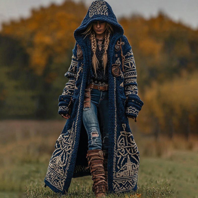 Women's Vintage Viking Celtic Knot Knit Cozy Long Sweater Jacket - Image 2
