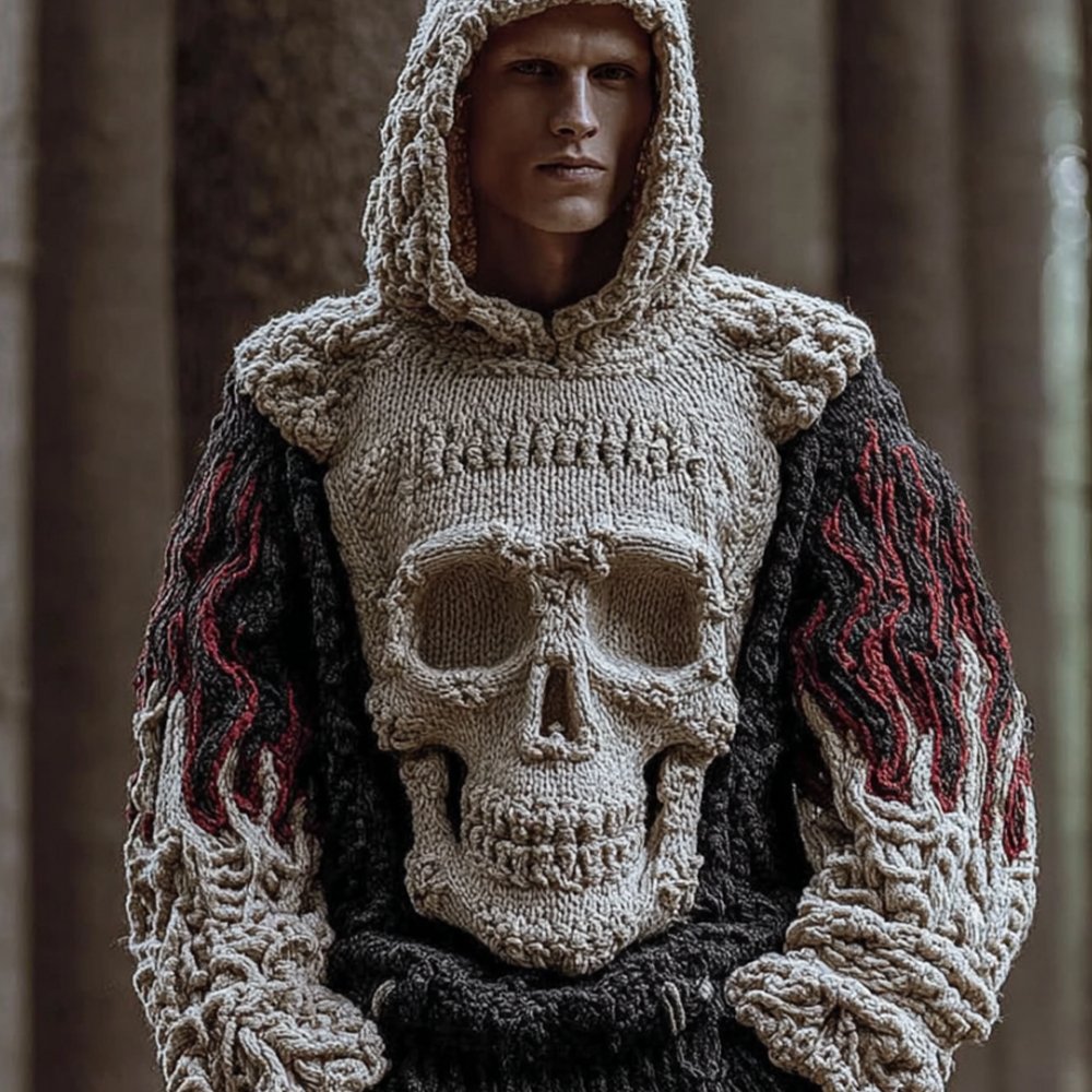 Man Halloween Big Skull Flame Ancient Hooded Sweater - Image 2