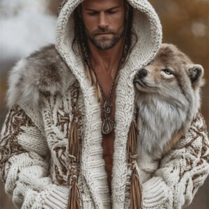 Men's Vintage Western Wild Wolf Chunky Hooded Cardigan