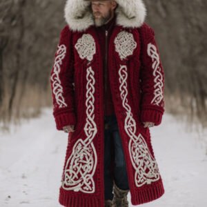 Men's Christmas Santa Celtic Art Mid-length Chunky Knit Cardigan Sweater